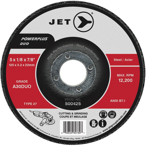 A30DUO POWERPLUS DUO Cutting/Grinding Wheel, Each, 6", Thickness, 1/8", Arbor Size, 7/8", Max. RPM, 10200, Type