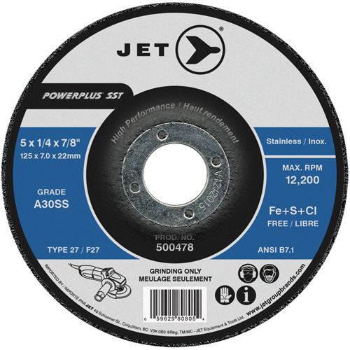 A30SS Powerplus SST Grinding Wheel, Each, 5", Thickness, 1/4", Arbor Size, 7/8", Max. RPM, 12200, Type