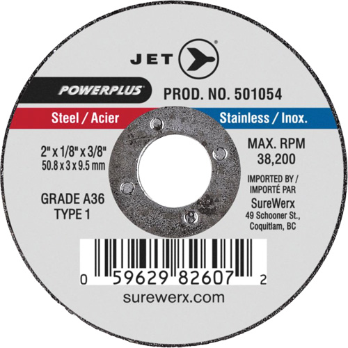 A36 POWERPLUS Cut-Off Wheel, Each, 2", Thickness, 1/8", Arbor Size, 3/8", Max. RPM, 38200, Type, A36