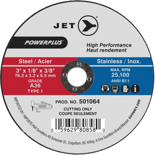 POWERPLUS Cut-Off Wheel, Each, 3", Thickness, 1/8", Arbor Size, 3/8", Max. RPM, 25100, Type, A36, Material Application, Concrete, General Purpose, Masonry, Steel, Stone, Diamond