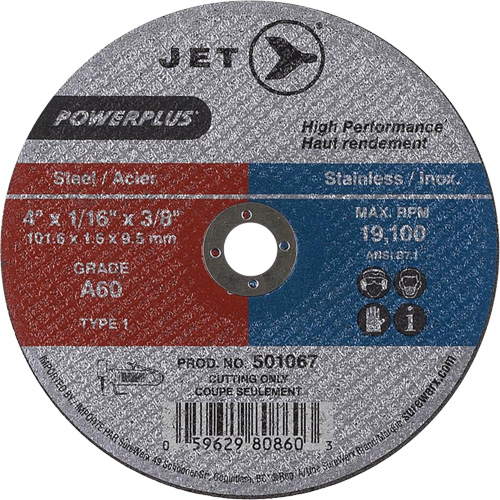 A60 POWERPLUS Cut-Off Wheel, Each, 4", Thickness, 1/16", Arbor Size, 3/8", Max. RPM, 19100, Type, A60
