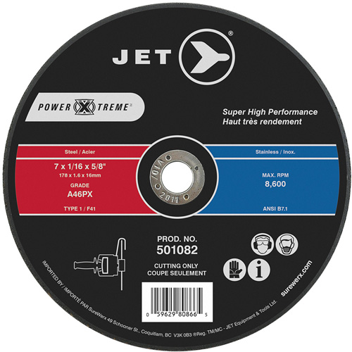 POWER-XTREME Cut-Off Wheel, Each, 7", Thickness, 1/16", Arbor Size, 5/8", Max. RPM, 8600, Type, A46PX, Application, Cutting, Material Application
