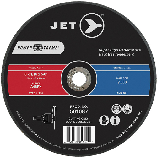 POWER-XTREME Cut-Off Wheel, Each, 8", Thickness, 1/16", Arbor Size, 5/8", Max. RPM, 7600, Type, A46PX