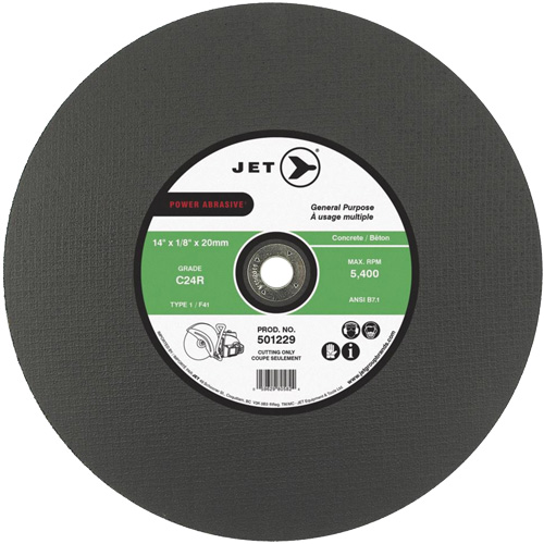 Power Abrasive Cut-Off Wheel, Each, 12", Thickness, 1/8", Arbor Size, 20 mm, Max. RPM, 6370, Type, C24R, Material Application, Concrete, General Purpose