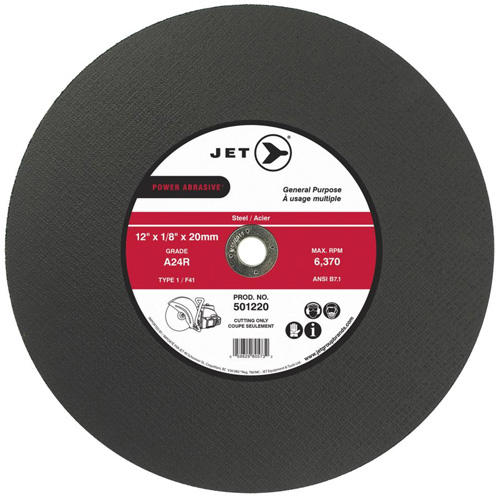 Power Abrasive Cut-Off Wheel, Each, 12", Thickness, 1/8", Arbor Size, 1", Max. RPM, 6370, Type, A24R, Material Application, General Purpose