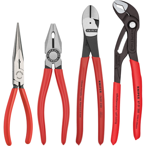Special Pliers Set, Each, 4, 8" Long Nose Pliers with Cutter and 12 AWG Stripping Hole (26 11 200 S1); 8" Combination Pliers (03 01 200); 10" High Leverage Diagonal Cutter (74 01 250); 10" Cobra® Water Pump Pliers (87 01 250), Cutting Capacity - Piano Wire, 1/8" (74 01 250), Cutting Capacity - Hard Wire (Steel Wire)