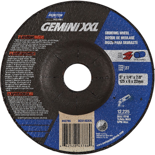 Gemini® Rightcut™ Depressed Centre Wheel, Each, 5", Thickness, 1/4", Arbor Size, 7/8", Max. RPM, 12225, Type, High, Backing Plate, Fiberglass