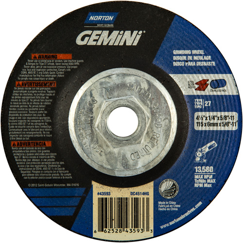 Gemini® Grinding Wheel, Diameter, 4-1/2", Thickness, 1/4", Arbor Size, 5/8"-11, Max. RPM