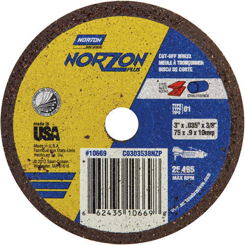 Portable Small Diameter Reinforced Cut-Off Wheels - Norzon Plus, Diameter, 3", Thickness, 1/32", Arbor Size, 3/8", Max. RPM