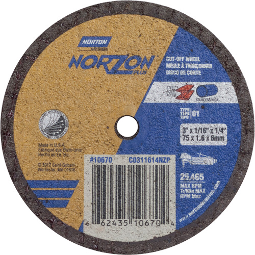 Portable Small Diameter Reinforced Cut-Off Wheels - Norzon Plus, Diameter, 3", Thickness, 1/16", Arbor Size, 1/4", Max. RPM