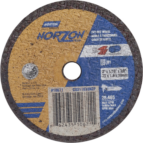Portable Small Diameter Reinforced Cut-Off Wheels - Norzon Plus, Diameter, 3", Thickness, 1/16", Arbor Size, 3/8", Max. RPM