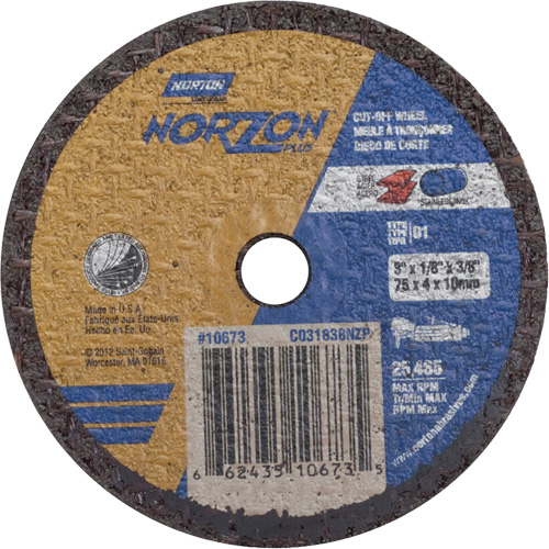 Portable Small Diameter Reinforced Cut-Off Wheels - Norzon Plus, Diameter, 3", Thickness, 1/8", Arbor Size, 3/8", Max. RPM