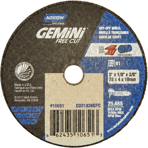 Portable Small Diameter Reinforced Cut-Off Wheels - Gemini®, Diameter, 3", Thickness, 1/8", Arbor Size, 3/8", Max. RPM