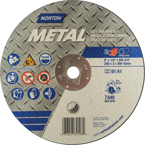 Circular Saw Reinforced Cut-Off Wheels - Masonry & Metal, Diameter, 8", Thickness, 1/8", Arbor Size, DM, Max. RPM