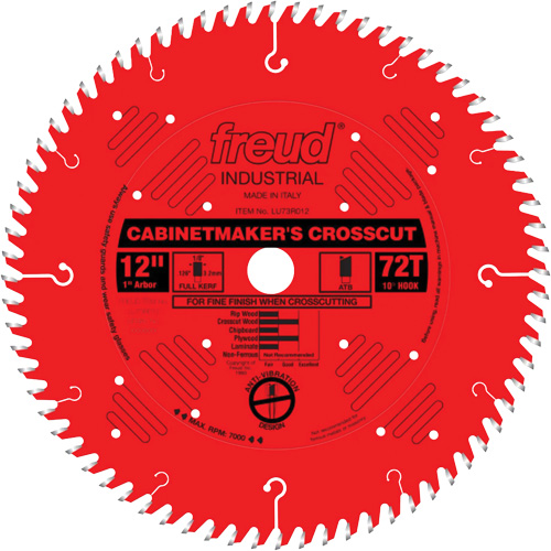 Circular Saw Blade, Each, 12", Arbor Size, 1", No. of Teeth, 72, Application Type, Wood, Crosscutting, Depth of cut, 1/2" to 2-3/4", Hook Angle