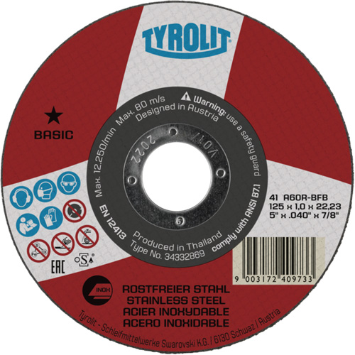 Basic Cut-Off Wheel, Pack of 25, 5", Thickness, 0.04", Arbor Size, 7/8", Max. RPM, 12250, Type, A60R-BFB