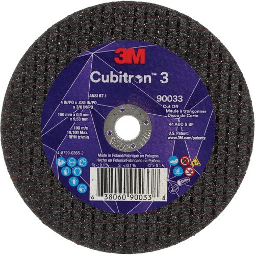 Cubitron™ 3 Cut-Off Wheel, Each, 4", Thickness, 0.035", Arbor Size, 3/8", Max. RPM, 21000, Type, Resin, Shelf Life, 1095 Days, Grit