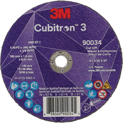 Cubitron™ 3 Cut-Off Wheel, Each, 4", Thickness, 0.045", Arbor Size, 3/8", Max. RPM, 21000, Type, Resin, Shelf Life, 1095 Days, Grit