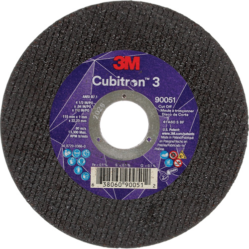 Cubitron™ 3 Cut-Off Wheel, Each, 4-1/2", Thickness, 0.04", Arbor Size, 7/8", Max. RPM, 13300, Type, Resin, Shelf Life, 1095 Days, Grit