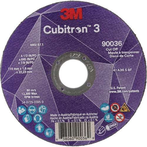 Cubitron™ 3 Cut-Off Wheel, Each, 4-1/2", Thickness, 0.045", Arbor Size, 7/8", Max. RPM, 13300, Type, Resin, Shelf Life, 1095 Days, Grit