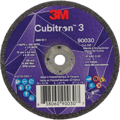 Cubitron™ 3 Cut-Off Wheel, Each, 3", Thickness, 0.035", Arbor Size, 1/4", Max. RPM, 21000, Type, Resin, Shelf Life, 1095 Days, Grit