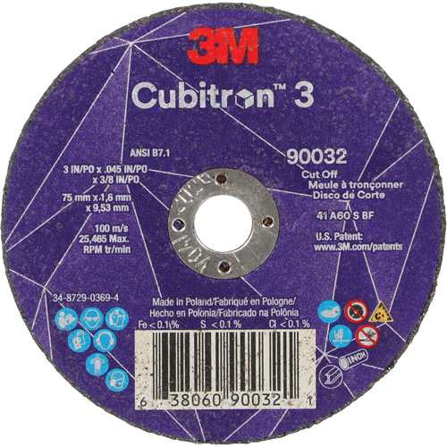 Cubitron™ 3 Cut-Off Wheel, Each, 3", Thickness, 0.045", Arbor Size, 3/8", Max. RPM, 21000, Type, Resin, Shelf Life, 1095 Days, Grit