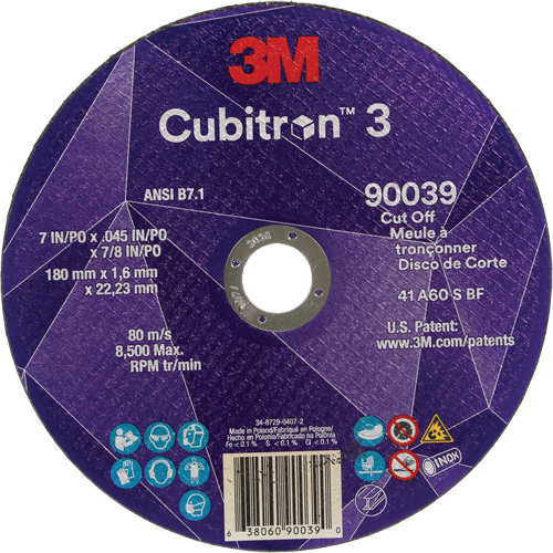 Cubitron™ 3 Cut-Off Wheel, Each, 7", Thickness, 0.09", Arbor Size, 7/8", Max. RPM, 8500, Type, Resin, Shelf Life, 1095 Days, Grit