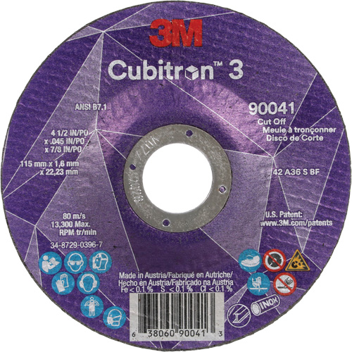 Cubitron™ 3 Cut-Off Wheel, Each, 4-1/2", Thickness, 0.045", Arbor Size, 7/8", Max. RPM, 13300, Type, Resin, Shelf Life, 1095 Days, Grit