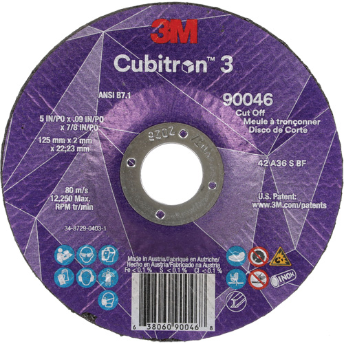 Cubitron™ 3 Cut-Off Wheel, Each, 5", Thickness, 0.09", Arbor Size, 7/8", Max. RPM, 12250, Type, Resin, Shelf Life, 1095 Days, Grit