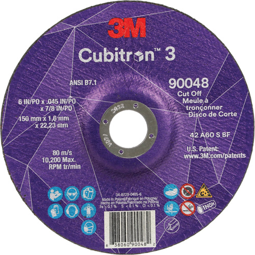 Cubitron™ 3 Cut-Off Wheel, Each, 6", Thickness, 0.045", Arbor Size, 7/8", Max. RPM, 10200, Type, Resin, Shelf Life, 1095 Days, Grit