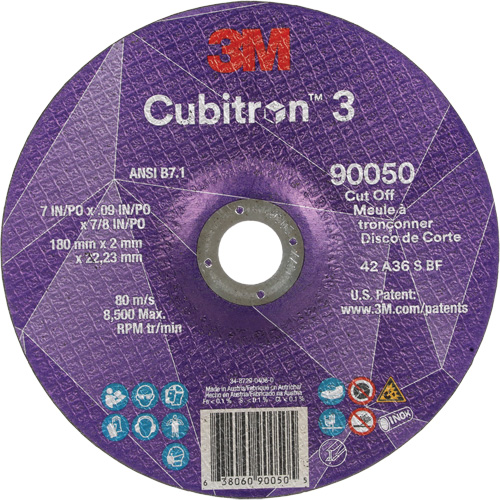 Cubitron™ 3 Cut-Off Wheel, Each, 7", Thickness, 0.09", Arbor Size, 7/8", Max. RPM, 8500, Type, Resin, Shelf Life, 1095 Days, Grit