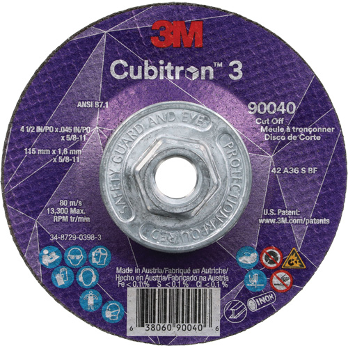 Cubitron™ 3 Cut-Off Wheel, Each, 4-1/2", Thickness, 0.045", Arbor Size, 5/8"-11, Max. RPM, 13300, Type, Resin, Shelf Life, 1095 Days, Grit