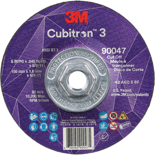 Cubitron™ 3 Cut-Off Wheel, Each, 6", Thickness, 0.045", Arbor Size, 5/8"-11, Max. RPM, 10200, Type, Resin, Shelf Life, 1095 Days, Grit