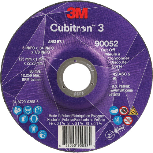Cubitron™ 3 Cut-Off Wheel, Each, 5", Thickness, 0.04", Arbor Size, 7/8", Max. RPM, 60, Type
