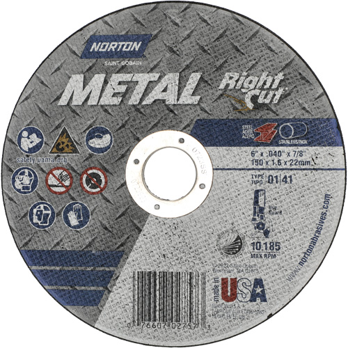 Metal RightCut Right Angle Cut-Off Wheel, Diameter, 6", Thickness, 0.04", Arbor Size, 7/8", Max. RPM, 10185