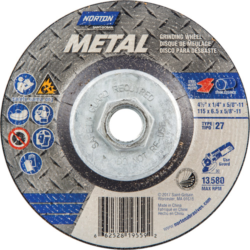 Metal Grinding Wheel, Diameter, 4-1/2", Thickness, 1/4", Arbor Size, 5/8"-11, Max. RPM, 13580