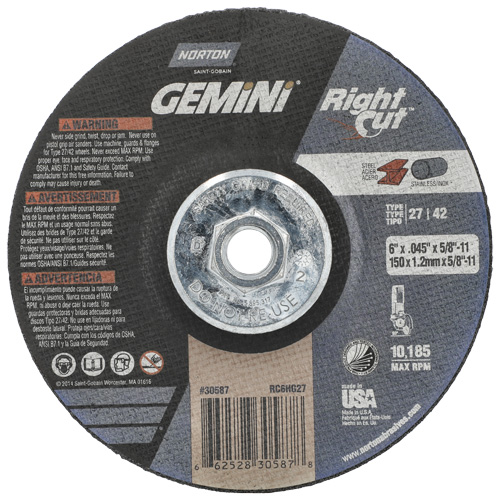 Gemini RightCut Right Angle Cut-Off Wheel, Diameter, 6", Thickness, 0.045", Arbor Size, 5/8"-11, Max. RPM, 10185