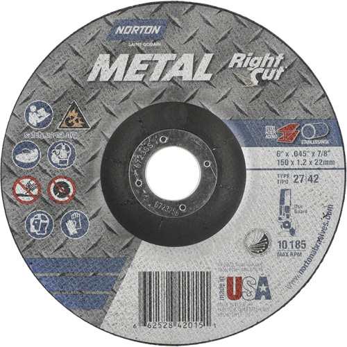 Metal RightCut Right Angle Cut-Off Wheel, Diameter, 6", Thickness, 0.045", Arbor Size, 7/8", Max. RPM, 10190
