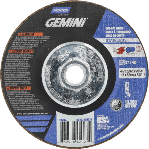 Gemini INOX/SS Right Angle Cut-Off Wheel, Diameter, 4-1/2", Thickness, 3/32", Arbor Size, 5/8"-11, Max. RPM, 13580
