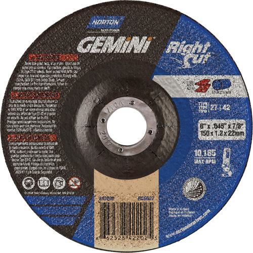 Gemini RightCut Right Angle Cut-Off Wheel, Diameter, 6", Thickness, 0.045", Arbor Size, 7/8", Max. RPM, 10185