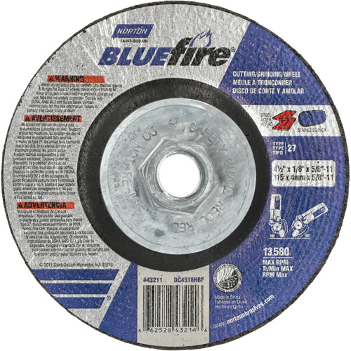 BlueFire Grinding & Cutting Wheel, Diameter, 4-1/2", Thickness, 1/8", Arbor Size, 5/8"-11