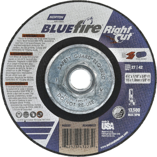 BlueFire RightCut Right Angle Cut-Off Wheel, Diameter, 4-1/2", Thickness, 1/16", Arbor Size, 5/8"-11, Max. RPM, 13580