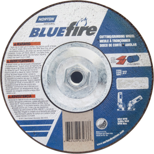 BlueFire Grinding & Cutting Wheel, Diameter, 7", Thickness, 1/8", Arbor Size, 5/8"-11