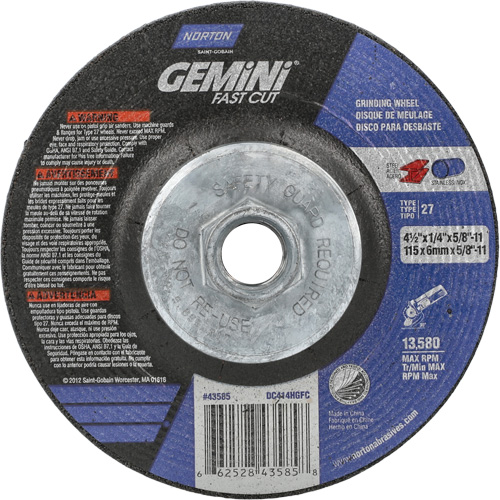 Gemini Grinding Wheel, Diameter, 4-1/2", Thickness, 1/4", Arbor Size, 5/8"-11, Max. RPM, 13580