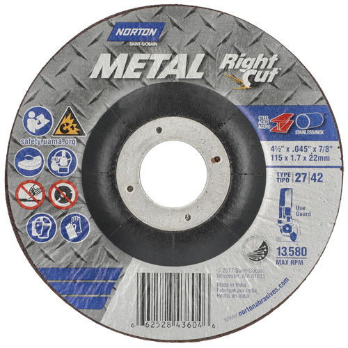 Metal RightCut Right Angle Cut-Off Wheel, Diameter, 4-1/2", Thickness, 0.045", Arbor Size, 7/8", Max. RPM, 13580