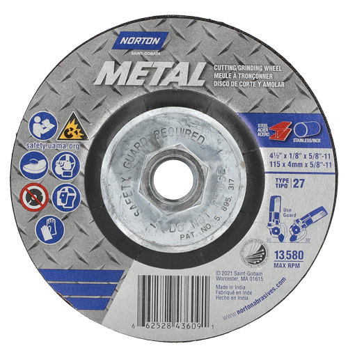 Metal Grinding & Cutting Wheel, Diameter, 4-1/2", Thickness, 1/8", Arbor Size, 5/8"-11