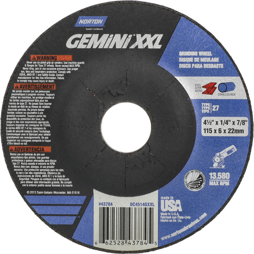 Gemini XXL Grinding Wheel, Diameter, 4-1/2", Thickness, 1/4", Arbor Size, 7/8", Max. RPM, 13580