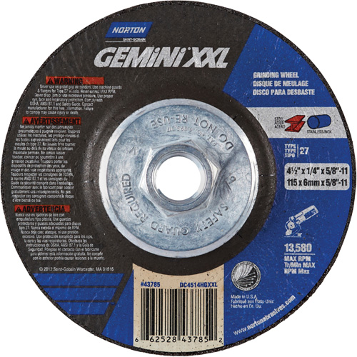 Gemini XXL Grinding Wheel, Diameter, 4-1/2", Thickness, 1/4", Arbor Size, 5/8"-11, Max. RPM, 13580