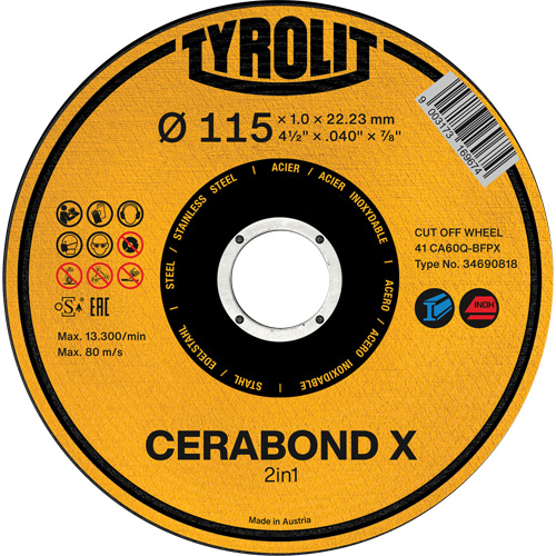 CA60Q-BFPX CERABOND X Cut-Off Wheel, Diameter, 4-1/2", Thickness, 0.039", Arbor Size, 7/8"