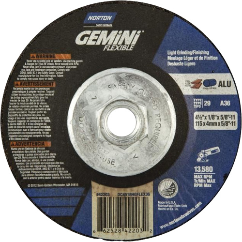 Gemini Flexible A AO Grinding and Cutting Wheel, Diameter, 4-1/2", Thickness, 1/8", Arbor Size, 5/8"-11, Max. RPM, 13580, Grit, 36, Sanding Grade, Coarse